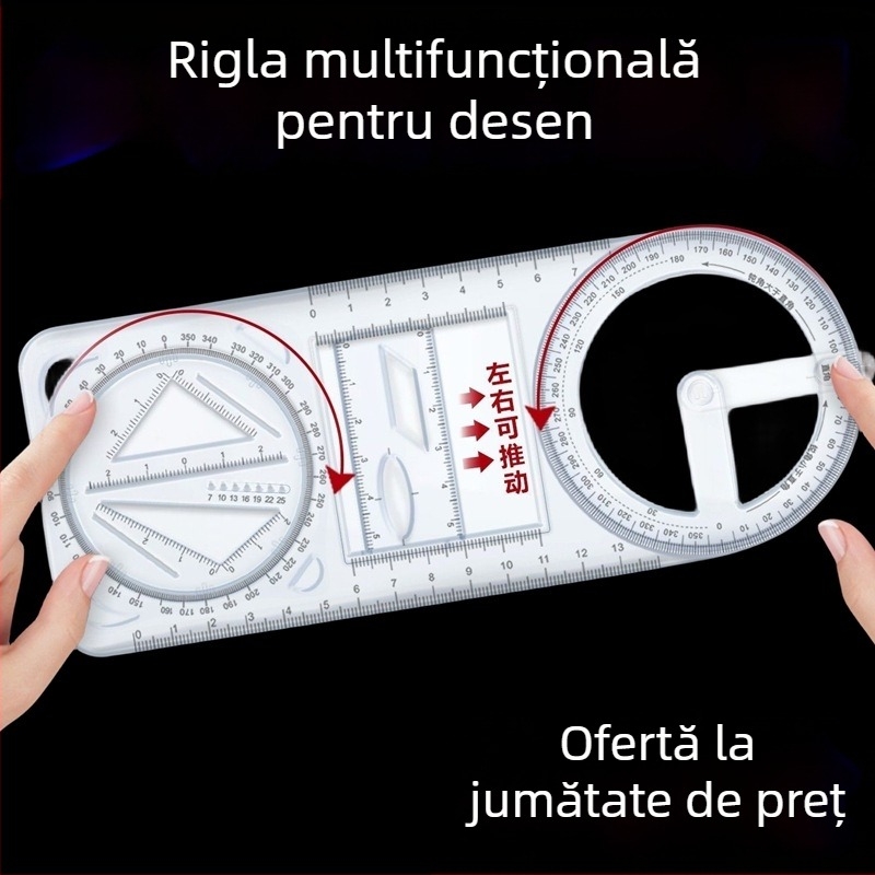 Riglă de desen multifuncțională cu șablon rotativ, din metal, pentru elevi