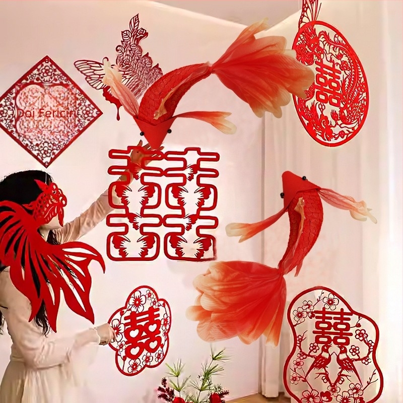 Prop decor backdrop pentru evenimente | Motiv pește koi | Brand Fuge | Stil: Anul Nou, Nuntă | Potrivit pentru Festivalul de Primăvară, Căsătorie, Anul Nou