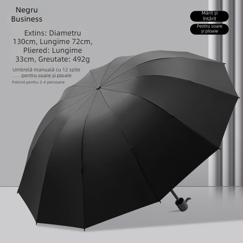 Umbrelă pliabilă manuală, 12 brațe din oțel, UPF 40+ protecție, pentru soare și ploaie, imprimare logo