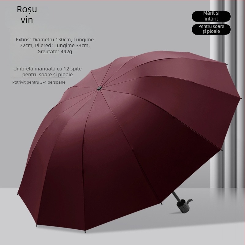 Umbrelă pliabilă manuală, 12 brațe din oțel, UPF 40+ protecție, pentru soare și ploaie, imprimare logo