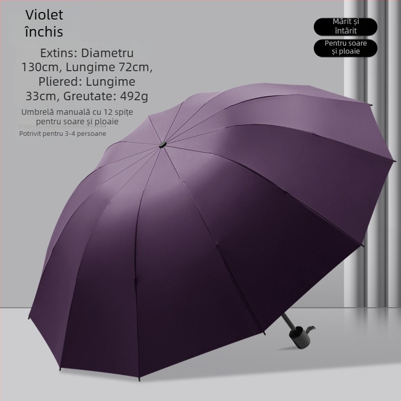 Umbrelă pliabilă manuală, 12 brațe din oțel, UPF 40+ protecție, pentru soare și ploaie, imprimare logo