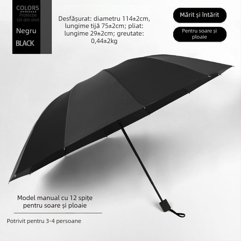 Umbrelă pliabilă manuală, 12 brațe din oțel, UPF 40+ protecție, pentru soare și ploaie, imprimare logo