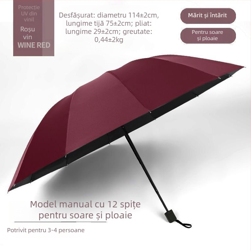 Umbrelă pliabilă manuală, 12 brațe din oțel, UPF 40+ protecție, pentru soare și ploaie, imprimare logo
