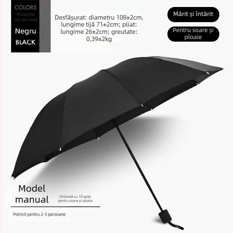 Umbrelă pliabilă manuală, 12 brațe din oțel, UPF 40+ protecție, pentru soare și ploaie, imprimare logo