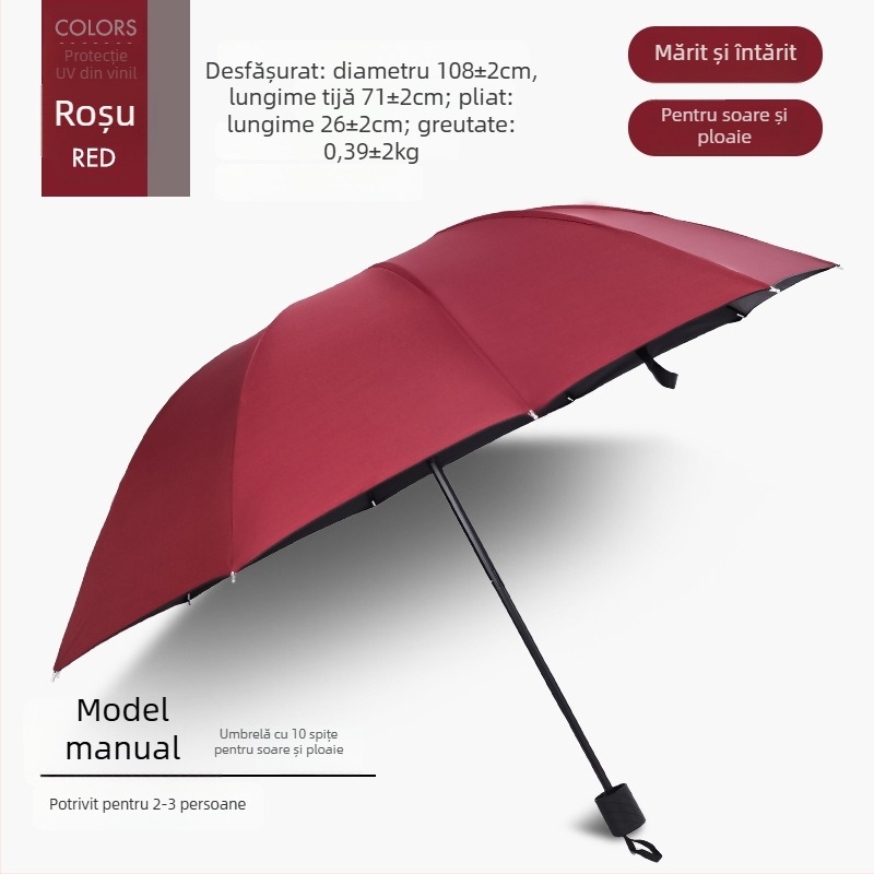 Umbrelă pliabilă manuală, 12 brațe din oțel, UPF 40+ protecție, pentru soare și ploaie, imprimare logo