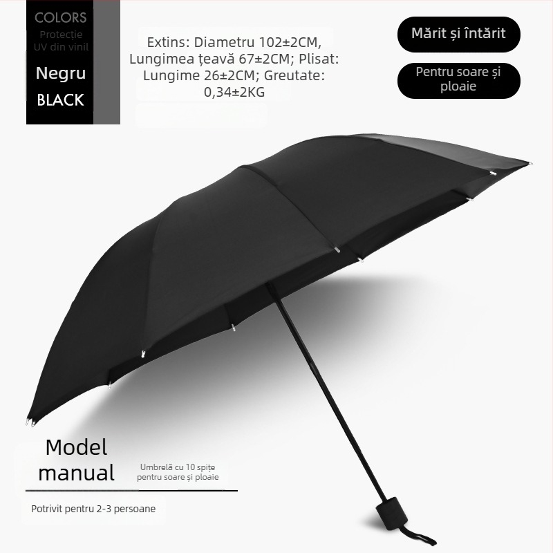 Umbrelă pliabilă manuală, 12 brațe din oțel, UPF 40+ protecție, pentru soare și ploaie, imprimare logo