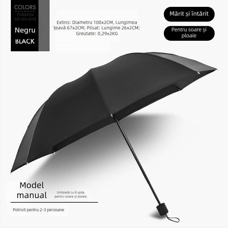 Umbrelă pliabilă manuală, 12 brațe din oțel, UPF 40+ protecție, pentru soare și ploaie, imprimare logo