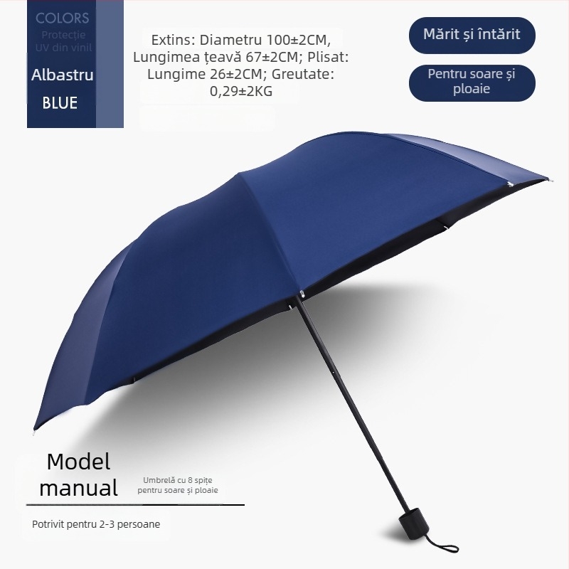 Umbrelă pliabilă manuală, 12 brațe din oțel, UPF 40+ protecție, pentru soare și ploaie, imprimare logo