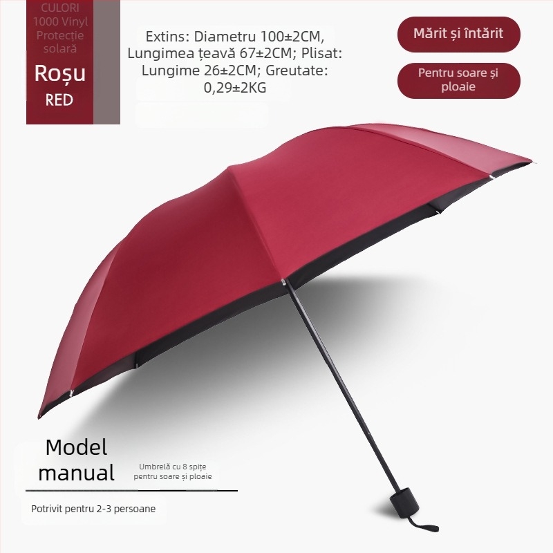 Umbrelă pliabilă manuală, 12 brațe din oțel, UPF 40+ protecție, pentru soare și ploaie, imprimare logo