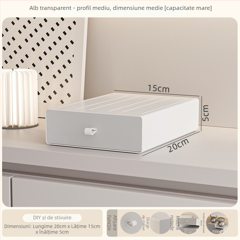 Cutie de depozitare pentru birou din plastic PS, model 8875, cu mâner, poate fi stivuită, deschidere prin tragere