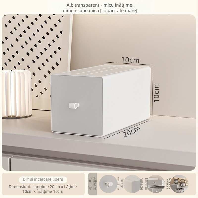 Cutie de depozitare pentru birou din plastic PS, model 8875, cu mâner, poate fi stivuită, deschidere prin tragere