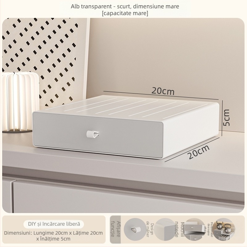 Cutie de depozitare pentru birou din plastic PS, model 8875, cu mâner, poate fi stivuită, deschidere prin tragere