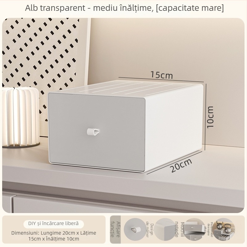 Cutie de depozitare pentru birou din plastic PS, model 8875, cu mâner, poate fi stivuită, deschidere prin tragere