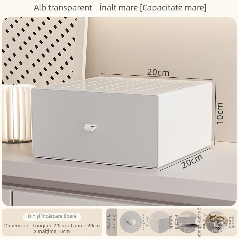 Cutie de depozitare pentru birou din plastic PS, model 8875, cu mâner, poate fi stivuită, deschidere prin tragere