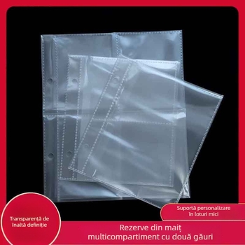 Pagini interioare transparente pentru mini-album de cărți poștale – aranjament cu grile 1/2/4, material PP, 1 foaie, găuri personalizabile și posibilitatea imprimării siglei