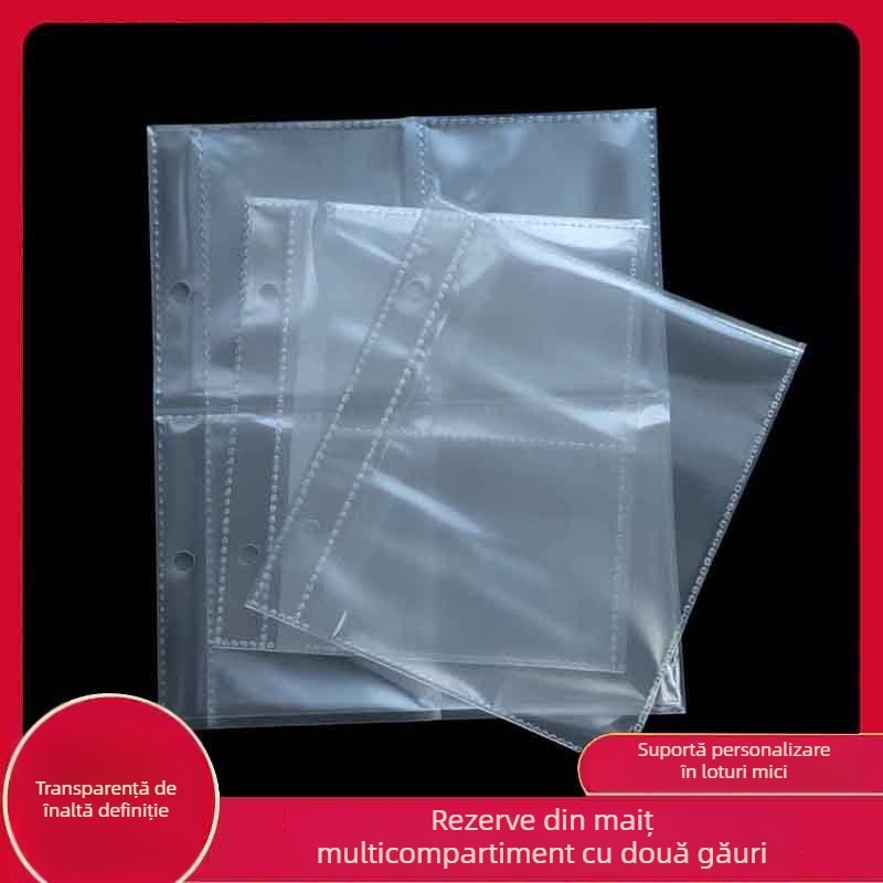 Pagini interioare transparente pentru mini-album de cărți poștale – aranjament cu grile 1/2/4, material PP, 1 foaie, găuri personalizabile și posibilitatea imprimării siglei