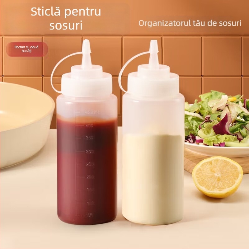 Sticlă din plastic pentru presare în bucătărie, cu capac și scară de măsurare, pentru ketchup, dressing de salată și dulceață
