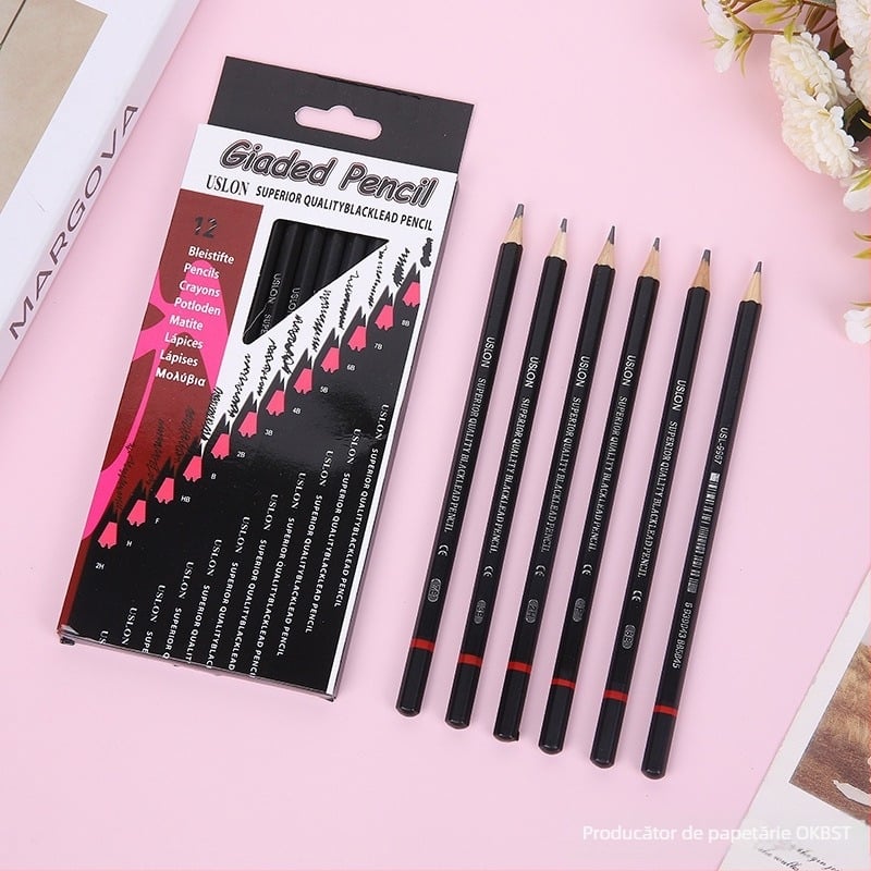 Set profesional de creioane pentru schițe, creioane din lemn, 12 bucăți, 2H-8B