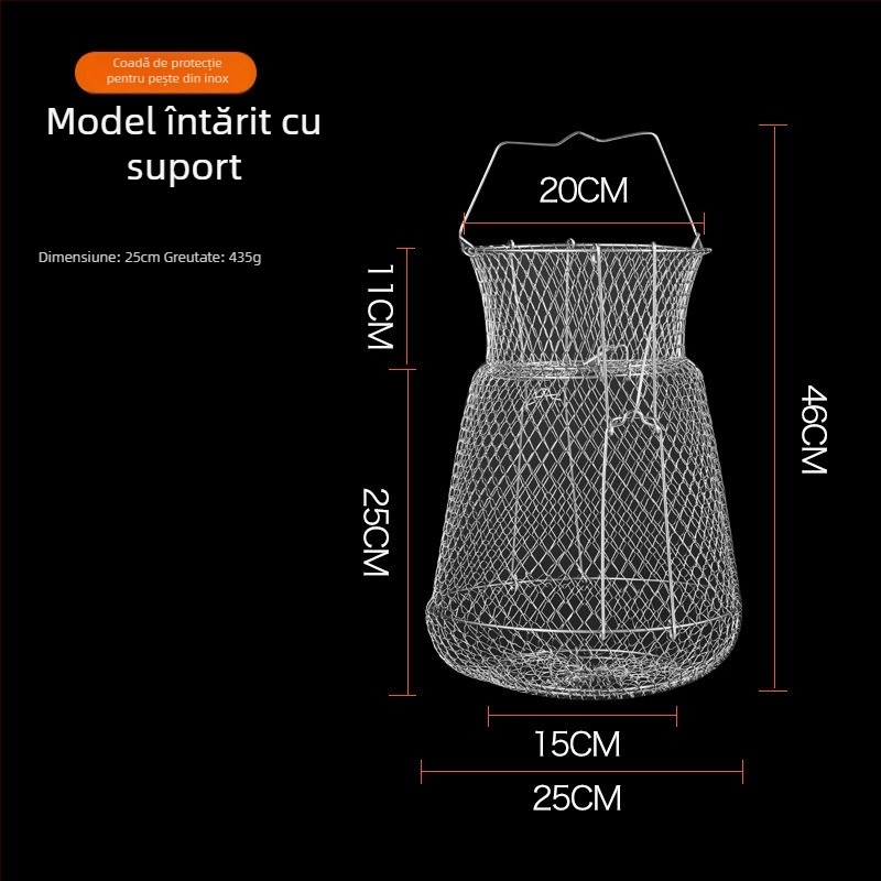 Cușcă de pește pliabil din oțel inoxidabil cu suport pentru pește și raci