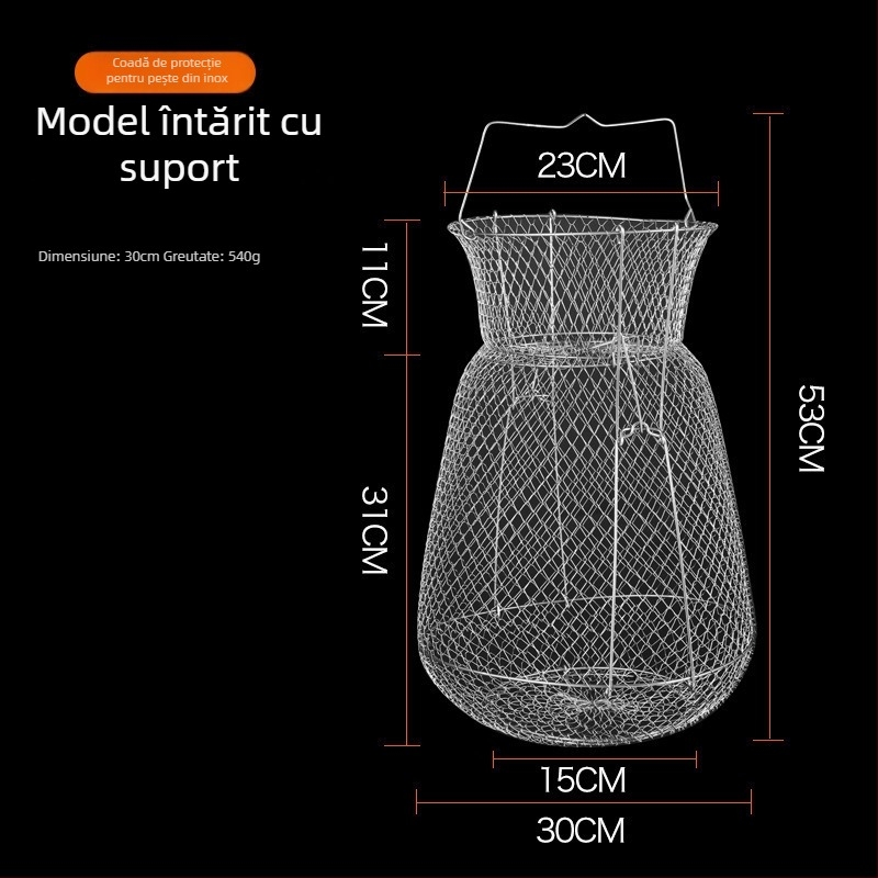 Cușcă de pește pliabil din oțel inoxidabil cu suport pentru pește și raci