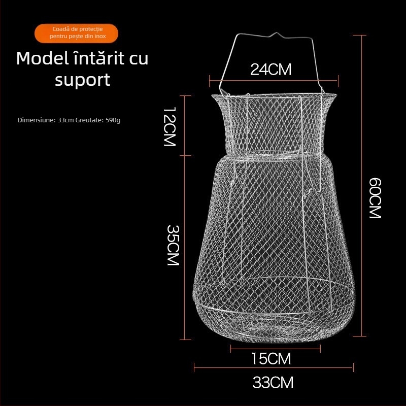 Cușcă de pește pliabil din oțel inoxidabil cu suport pentru pește și raci