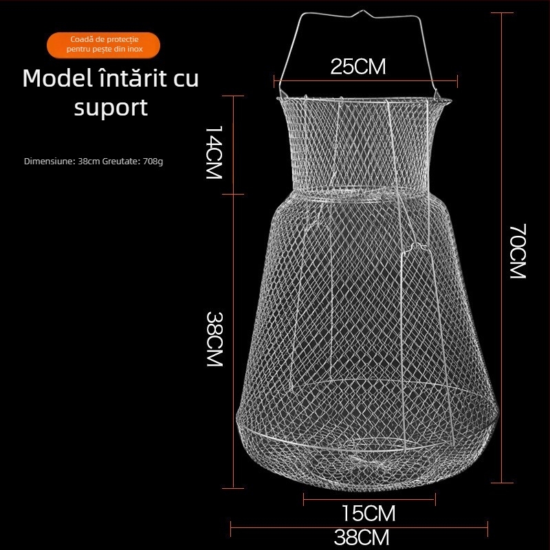 Cușcă de pește pliabil din oțel inoxidabil cu suport pentru pește și raci