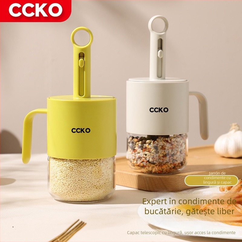 CCKO Sticluță ceramică pentru condimente solide, cu spațiu pentru lingură și compartiment de depozitare, etanșă