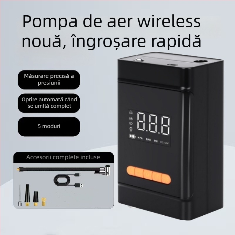 Pompa de aer portabilă pentru mașină, fără fir, cu afișaj digital, 12V reîncărcabilă, 60 L/min