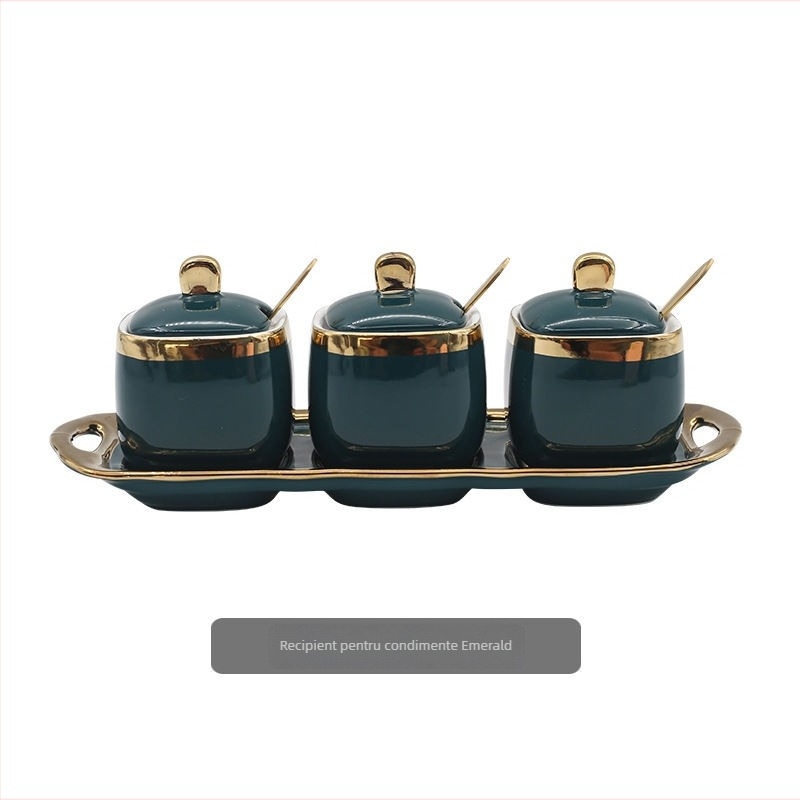 Set ceramic pentru condimente în stil chinezesc — recipient pentru sare, recipient pentru sos de soia, oțet, borcan pentru ulei de ardei iute și cutie pentru condimente