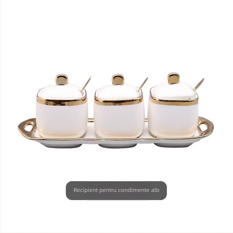 Set ceramic pentru condimente în stil chinezesc — recipient pentru sare, recipient pentru sos de soia, oțet, borcan pentru ulei de ardei iute și cutie pentru condimente