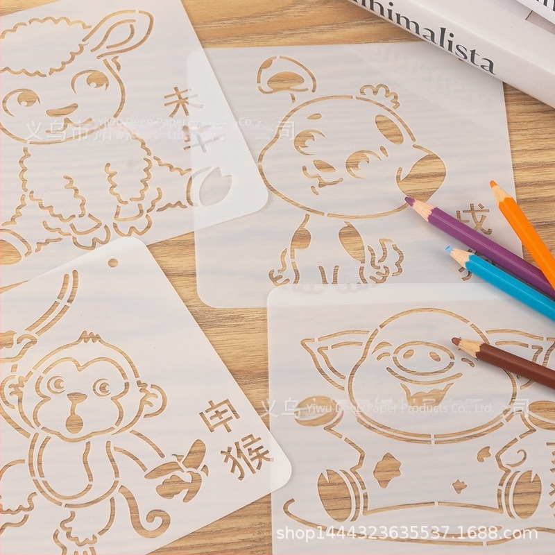 Șabloane decupate cu 12 animale ale zodiei pentru artă murală și pictură DIY copii — Brand: Extension depth; Material: Eco-friendly; Import: Nu