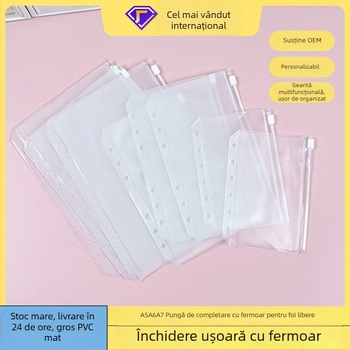 Mapă de documente din PVC mat cu fermoar pentru jurnal de călătorie, 6 găuri, depozitare foi loose-leaf, dimensiuni A5/A6/A7