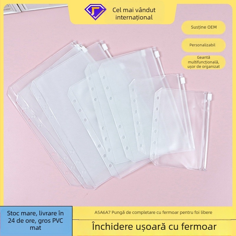 Mapă de documente din PVC mat cu fermoar pentru jurnal de călătorie, 6 găuri, depozitare foi loose-leaf, dimensiuni A5/A6/A7