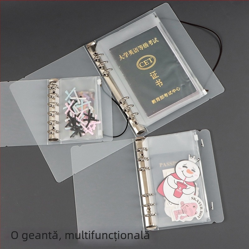 Mapă de documente din PVC mat cu fermoar pentru jurnal de călătorie, 6 găuri, depozitare foi loose-leaf, dimensiuni A5/A6/A7