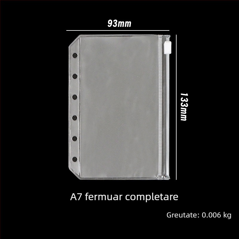 Mapă de documente din PVC mat cu fermoar pentru jurnal de călătorie, 6 găuri, depozitare foi loose-leaf, dimensiuni A5/A6/A7