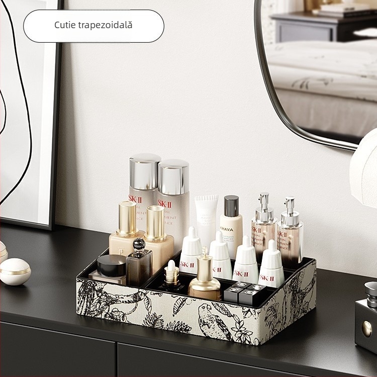 Cutie de depozitare pentru cosmetice - Piele, Capacitate mare, Organizator cu mai multe compartimente pentru pensule și rujuri, Personalizabilă