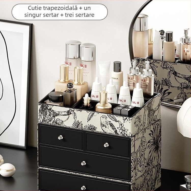 Cutie de depozitare pentru cosmetice - Piele, Capacitate mare, Organizator cu mai multe compartimente pentru pensule și rujuri, Personalizabilă