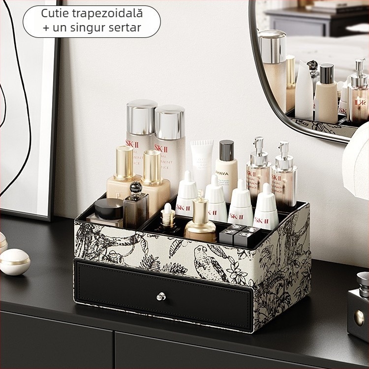 Cutie de depozitare pentru cosmetice - Piele, Capacitate mare, Organizator cu mai multe compartimente pentru pensule și rujuri, Personalizabilă