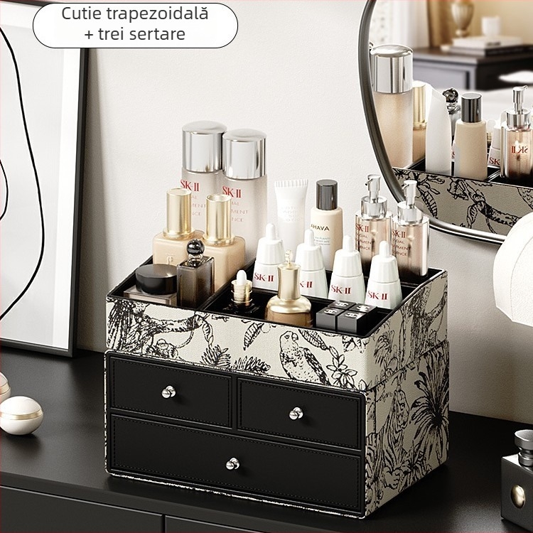 Cutie de depozitare pentru cosmetice - Piele, Capacitate mare, Organizator cu mai multe compartimente pentru pensule și rujuri, Personalizabilă