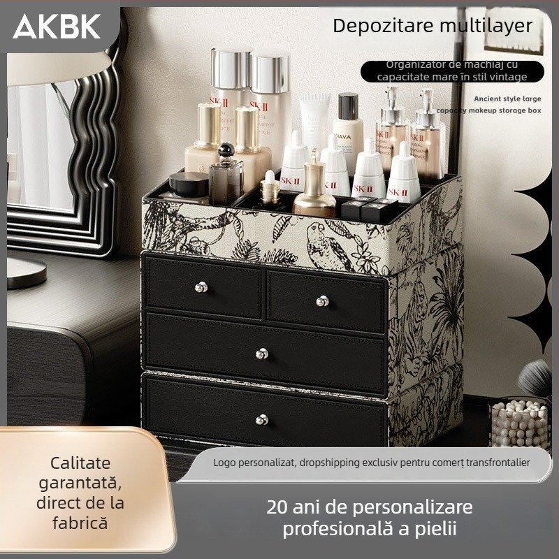 Cutie de depozitare pentru cosmetice - Piele, Capacitate mare, Organizator cu mai multe compartimente pentru pensule și rujuri, Personalizabilă