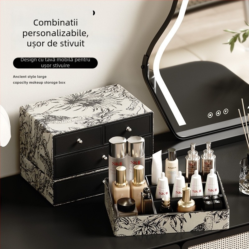 Cutie de depozitare pentru cosmetice - Piele, Capacitate mare, Organizator cu mai multe compartimente pentru pensule și rujuri, Personalizabilă