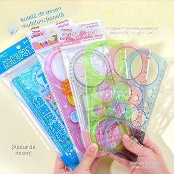 Set riglă kaleidoscopic creativ pentru elevi – kit multifuncțional pentru desen, geometrie și șabloane (riglă centimetrică, greutate netă 143 g, ambalaj exterior aleatoriu)