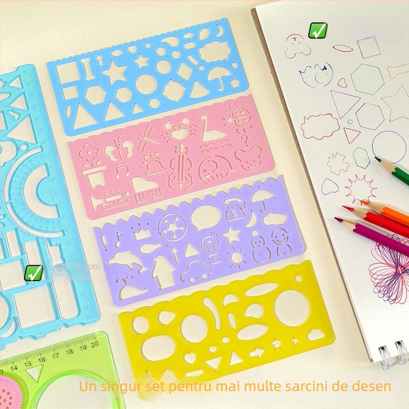 Set riglă kaleidoscopic creativ pentru elevi – kit multifuncțional pentru desen, geometrie și șabloane (riglă centimetrică, greutate netă 143 g, ambalaj exterior aleatoriu)