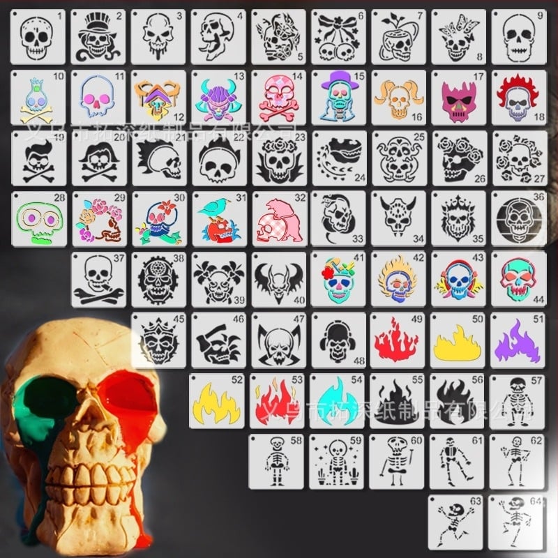 Deepen PET șablon pentru suporturi cu craniu și flacără — DIY model pictat, decor manual, neimportat, fără licență IP, fără mărci private licențiate