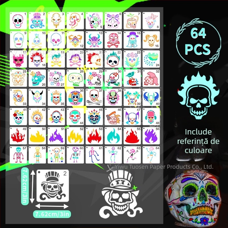 Deepen PET șablon pentru suporturi cu craniu și flacără — DIY model pictat, decor manual, neimportat, fără licență IP, fără mărci private licențiate