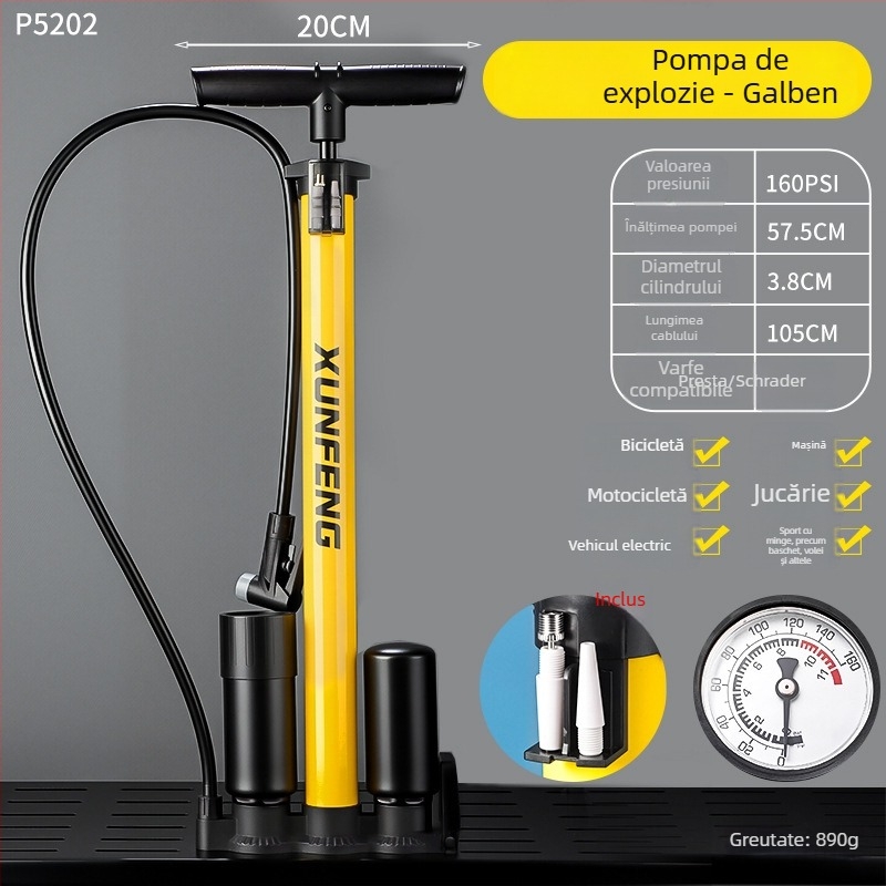 Pompa manuală pentru bicicletă cu manometru și duză universală, Enjoy, corp din fier, până la 160 psi