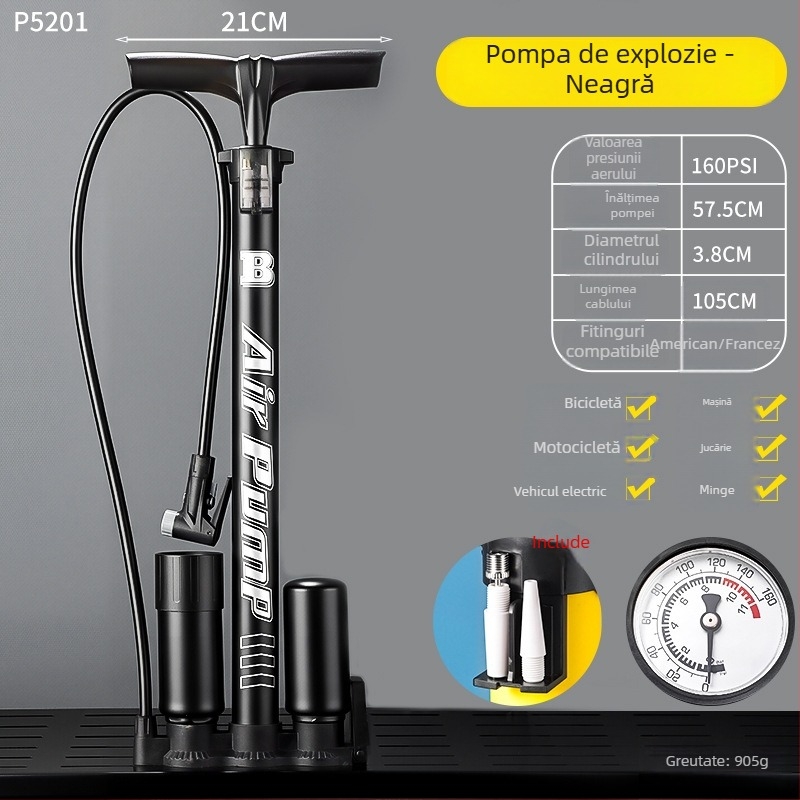 Pompa manuală pentru bicicletă cu manometru și duză universală, Enjoy, corp din fier, până la 160 psi