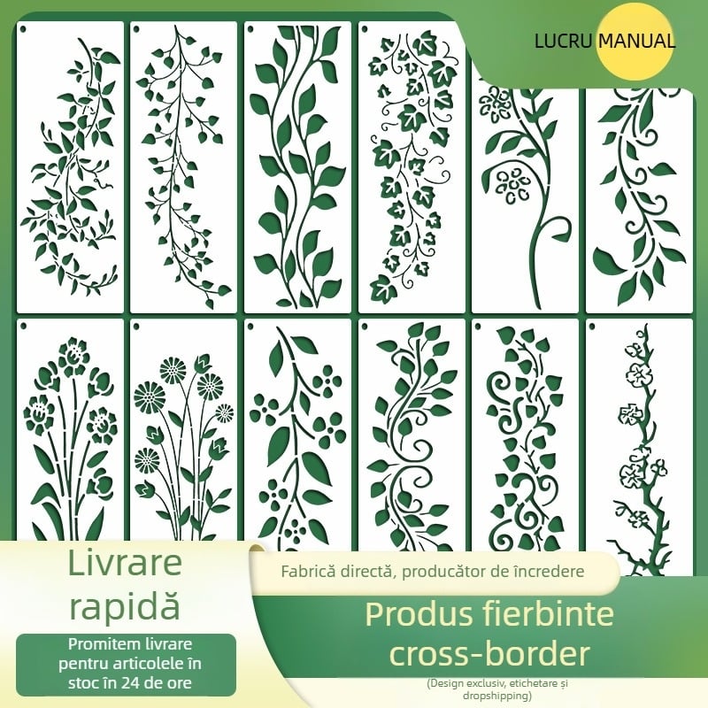 Șablon DIY pentru pictură cu decupaje, serie Viță de vie, 12 bucăți, PET material, reutilizabil