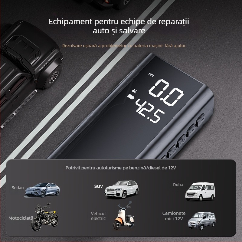 Sursă de pornire de urgență pentru mașină și pompă de aer - toate într-un singur dispozitiv, 14.8V, 120W, cilindru unic, afișaj digital, iluminare