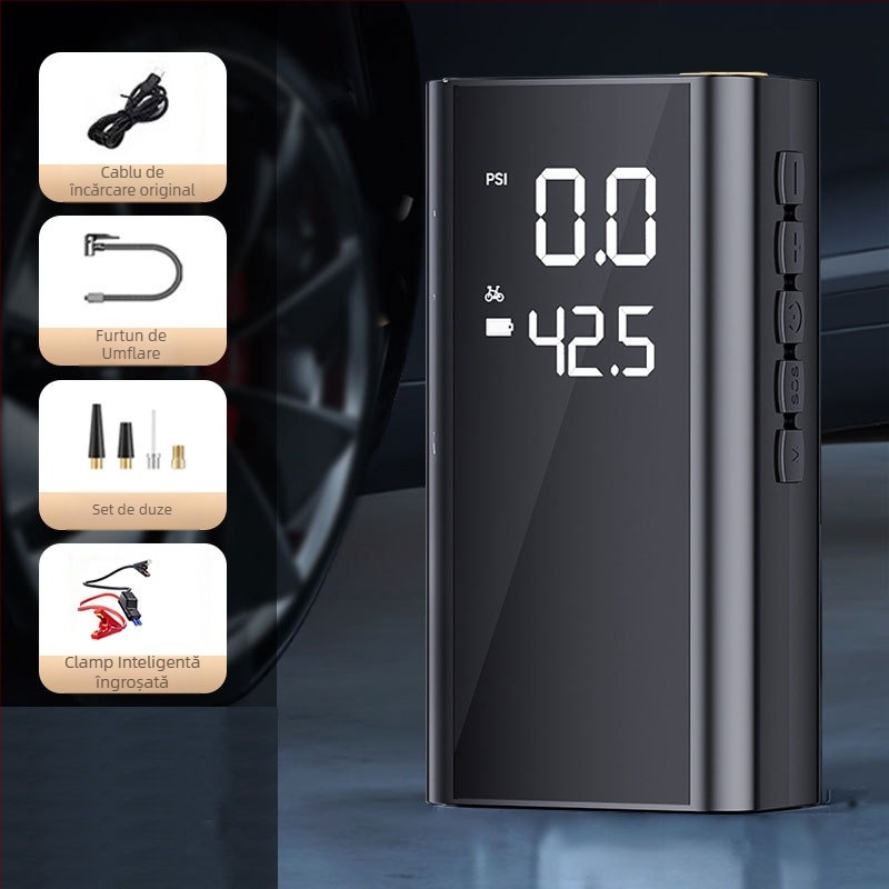 Sursă de pornire de urgență pentru mașină și pompă de aer - toate într-un singur dispozitiv, 14.8V, 120W, cilindru unic, afișaj digital, iluminare